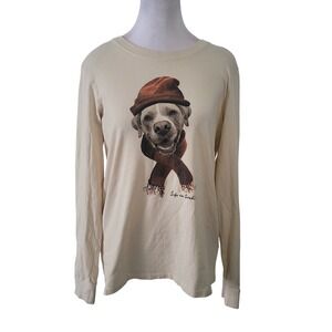 Life is Good Womens Crusher Long Sleeve Shirt Dog Scarf Hat Graphic Cream Medium